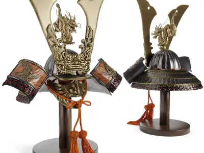  Japanese Fabulous Samurai Helmet Dragon with a mask Low-poly 3D model