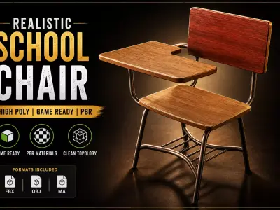 School Chair 3D Model Realistic Classroom Furniture Game Ready Free 3D model
