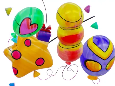 Air Balloon Scenery - Group Balloons Scene - Happy Birthday Low-poly 3D model