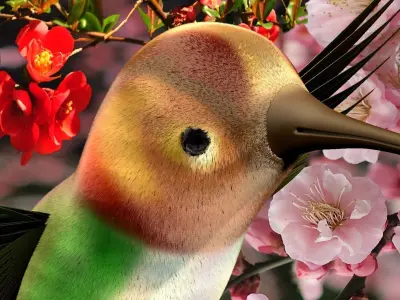 HummingBird flying in cherry blossoms 3D model