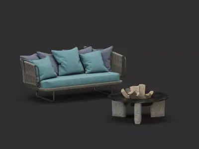 Rattan sofa and table 3D model