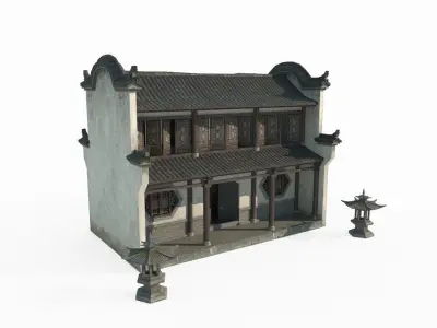Two story residential buildings in ancient Asian architecture 3D model
