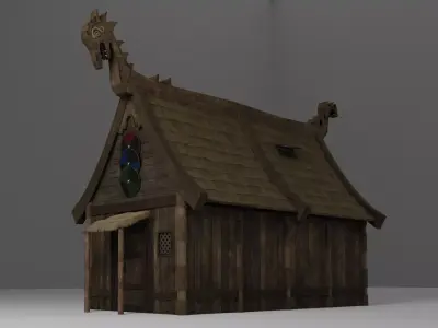 Viking House with Thatch Shack with interior and wooden fence Low-poly 3D model