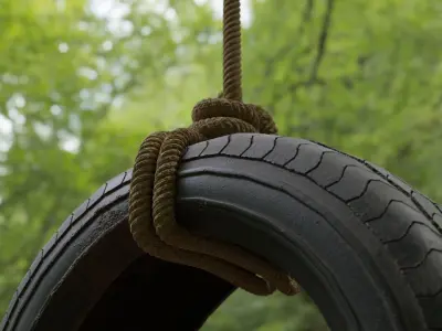 Old tree hanging car tire swing Low-poly 3D model