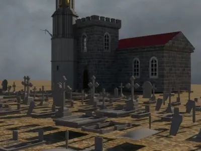 Graveyard church in middle of cemetery Free 3D model