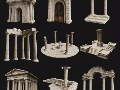 ANCIENT RUIN GREEK ROMAN TEMPLE MONUMENT STATUE COLUMN PACK Low-poly 3D model