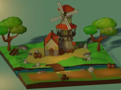 Windmill paper and trees 3D model