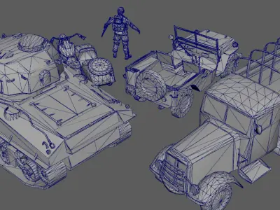 american wwii pack Tanks armored vehicles soldiers motorcycles Low-poly 3D model