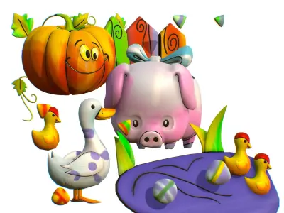 Cartoon 3D illustration Pig Duck Pumpkin Goose Low-poly 3D model