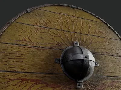 Slavic round wooden shield-painted yellow with trees symbol Low-poly 3D model