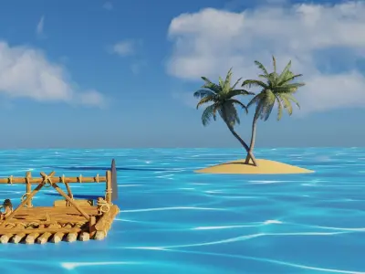 3D low poly game raft scene and landscape model Low-poly 3D model