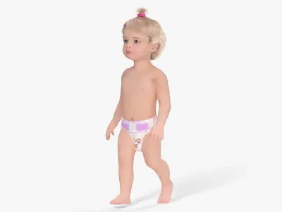 One Year Old Girl in Diaper Fur Rigged 3D model