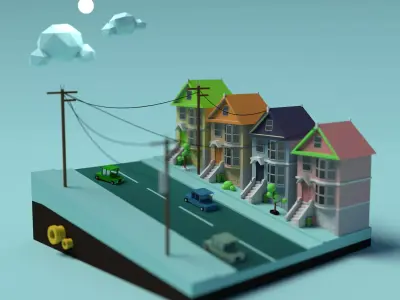 City street home and car Low-poly 3D model