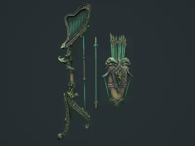 Harp bow quiver arrow Low-poly 3D model