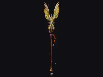 Magical Staff Magic Stick Fantasy Wand Golden Bird Wing Item Low-poly 3D model