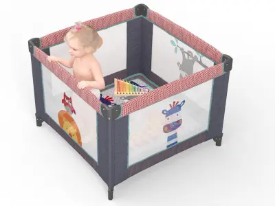 Baby Girl in Textile Playpen Fur Rigged 3D model