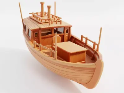 Wooden Fishing Boat 3D Classic Rowboat Cabin Railings Low-poly 3D model