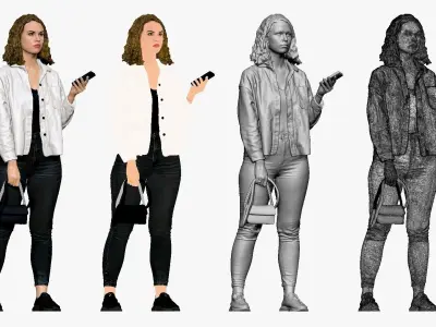 001255 woman in white top red hairs phone in hand 3D model