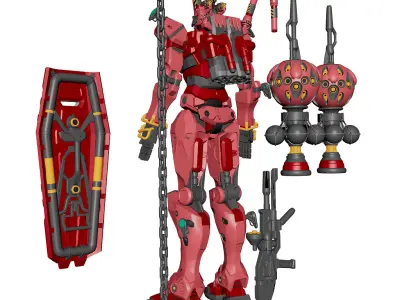 Red Gundam  GQuuuuuuX 3DModel NoRig NoTexture Low-poly 3D model Low-poly 3D model