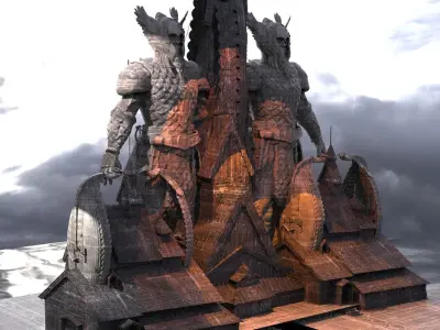 Viking Hall exterior ship design With Statue of warrior 4 3D model