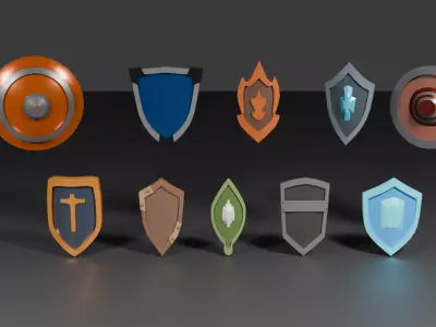 Low Poly Shield Pack 10 Stylized Medieval Shields Game Ready Low-poly 3D model