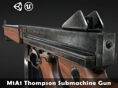 M1A1 Thompson submachine gun - 4 different skins - game ready Free low-poly 3D model