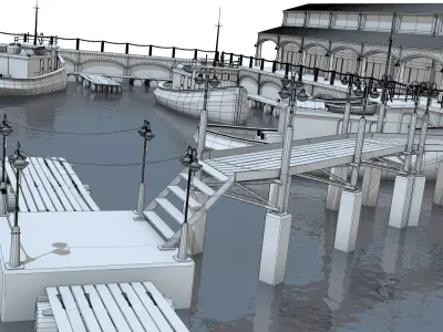 Untextured clay model of harbor pier and fishing boats - Update 3D model