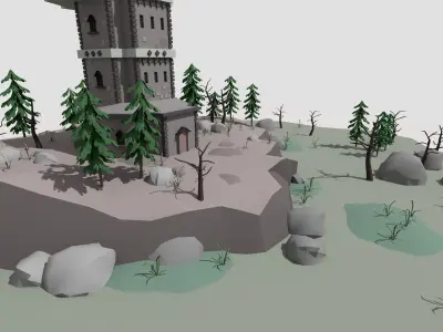 low poly cartoon fantasy tower scene Low-poly 3D model