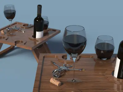 Rustic Wine Table with Corkscrew and Red Wine 3D model