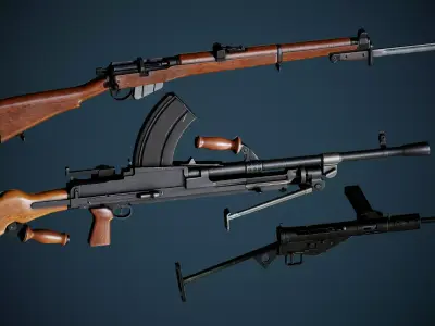 British WW2 Weapons pack - Lee Enfield - STEN - BREN machine gun Low-poly 3D model