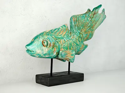Hand-Carved Driftwood Fish On Stand 3D model