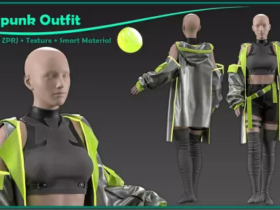 female cyberpunk outfit with texture and smart material 3D model
