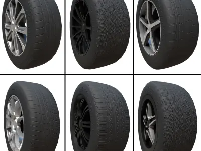Pack of Tyres and Alloys - 6 Alloy Wheels and 5 Tyre Textures Low-poly 3D model