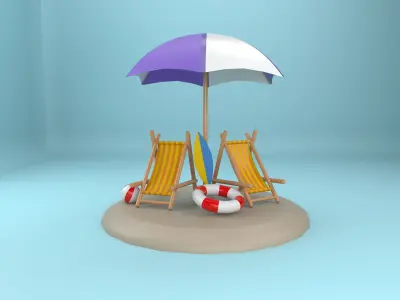 beach chair and umbrella Low-poly 3D model