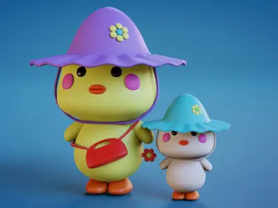 Cute little Duck with Duckling Low-poly 3D model