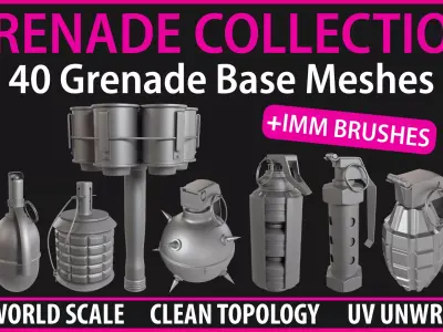 Grenade Collection - 40 Grenades with Zbrush IMM Brushes 3D model