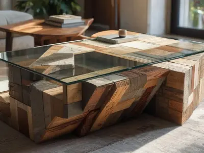 coffee table made from recycled wood and tempered glass 3D model Low-poly 3D model