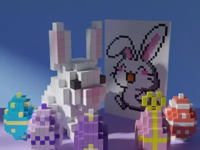 Easter Bunny with Colorful Eggs Voxel Stylized Cubic Low-poly 3D model