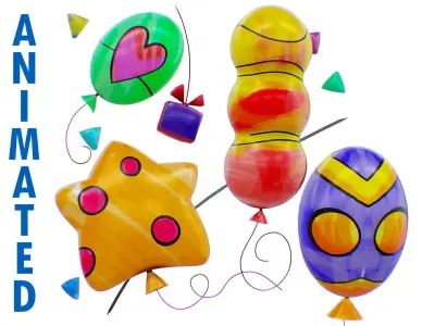 Air Balloon Scenery - Group Balloons Scene - Happy Birthday Low-poly 3D model