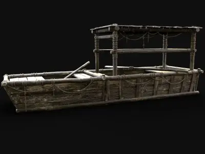 GONDOLA BOAT ROWBOAT WOODEN FISHERMAN RIVER FISH LAKE CANOE SHIP Low-poly 3D model