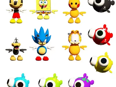 cartoon characters and fishes 3d model pack Low-poly 3D model