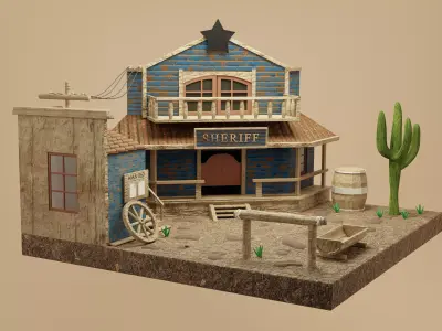 Western town with houes of the sheriff Low-poly 3D model