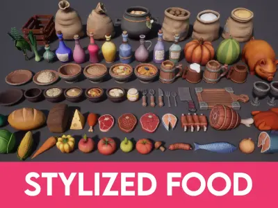 Stylized Food 3D Pack with Meat Fruits Vegetables Dishes Low-poly 3D model