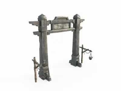 Ancient Stone Pagodas and Torii in Asia 3D model