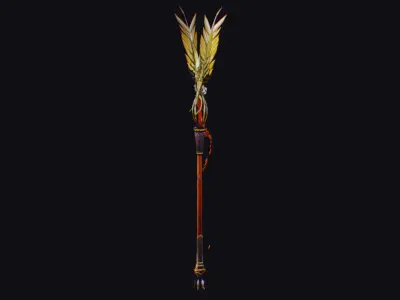 Magical Staff Magic Stick Fantasy Wand Golden Bird Wing Item Low-poly 3D model
