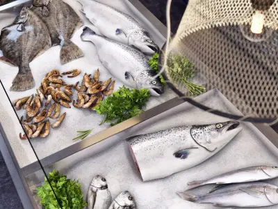 Showcase with fish and seafood 3D model
