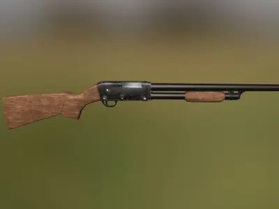 Shotgun 3D model wooden on grassy field Low-poly 3D model