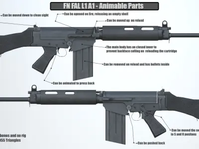 PBR FN FAL Rifle Black Low-poly 3D model