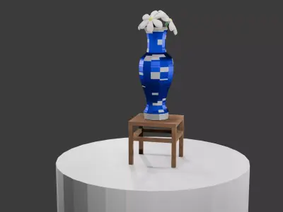 Decorative Vase with Flowers on Wooden Stool Free 3D model