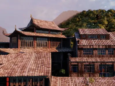 Chinese Vintage Scene with River 3D model